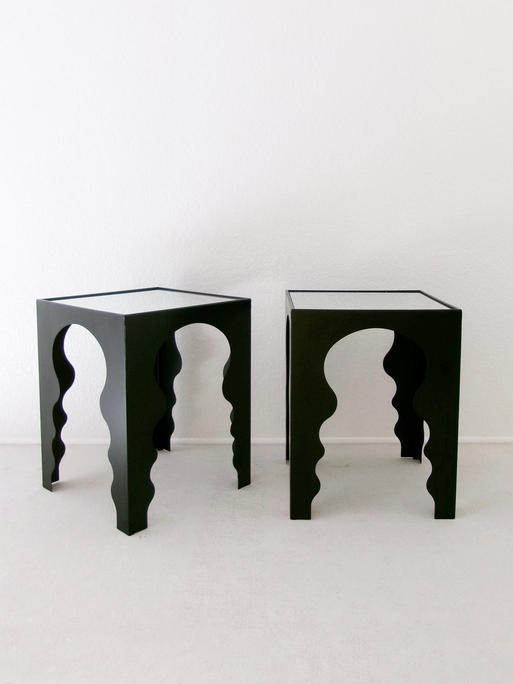 Postmodern Side Tables in Matte Black Finish with Mirrored Top