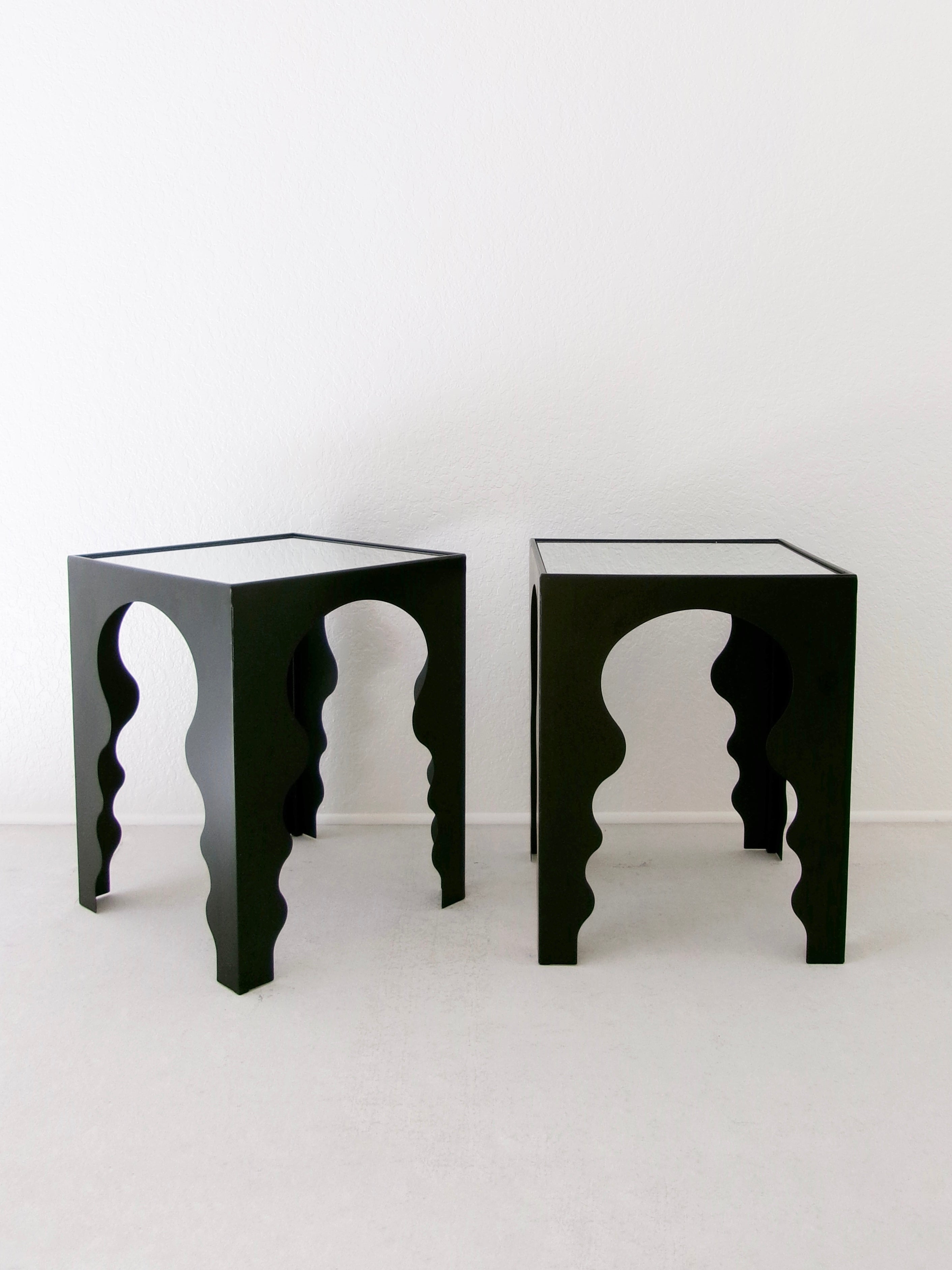 Postmodern Side Tables in Matte Black Finish with Mirrored Top