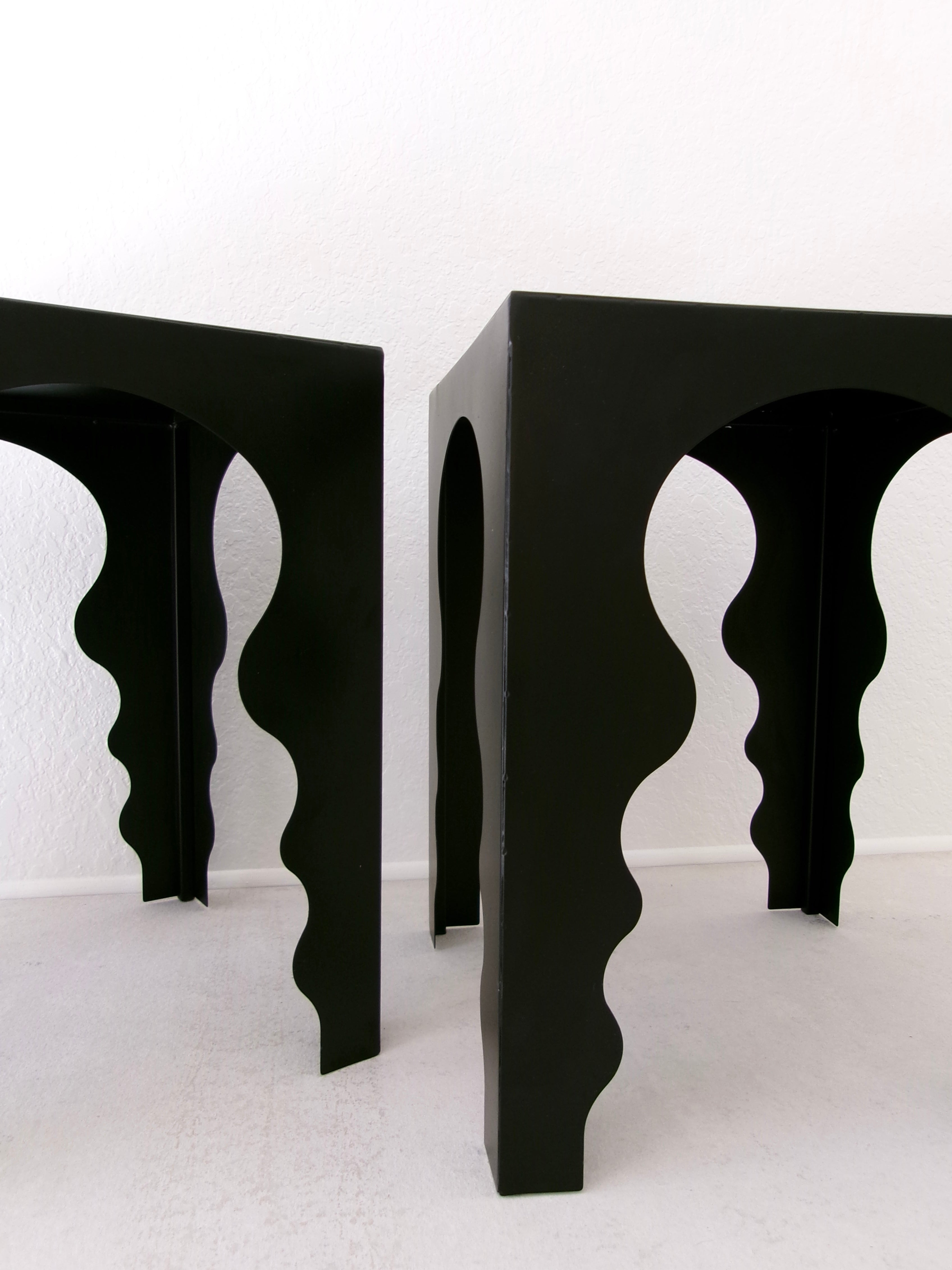 Postmodern Side Tables in Matte Black Finish with Mirrored Top