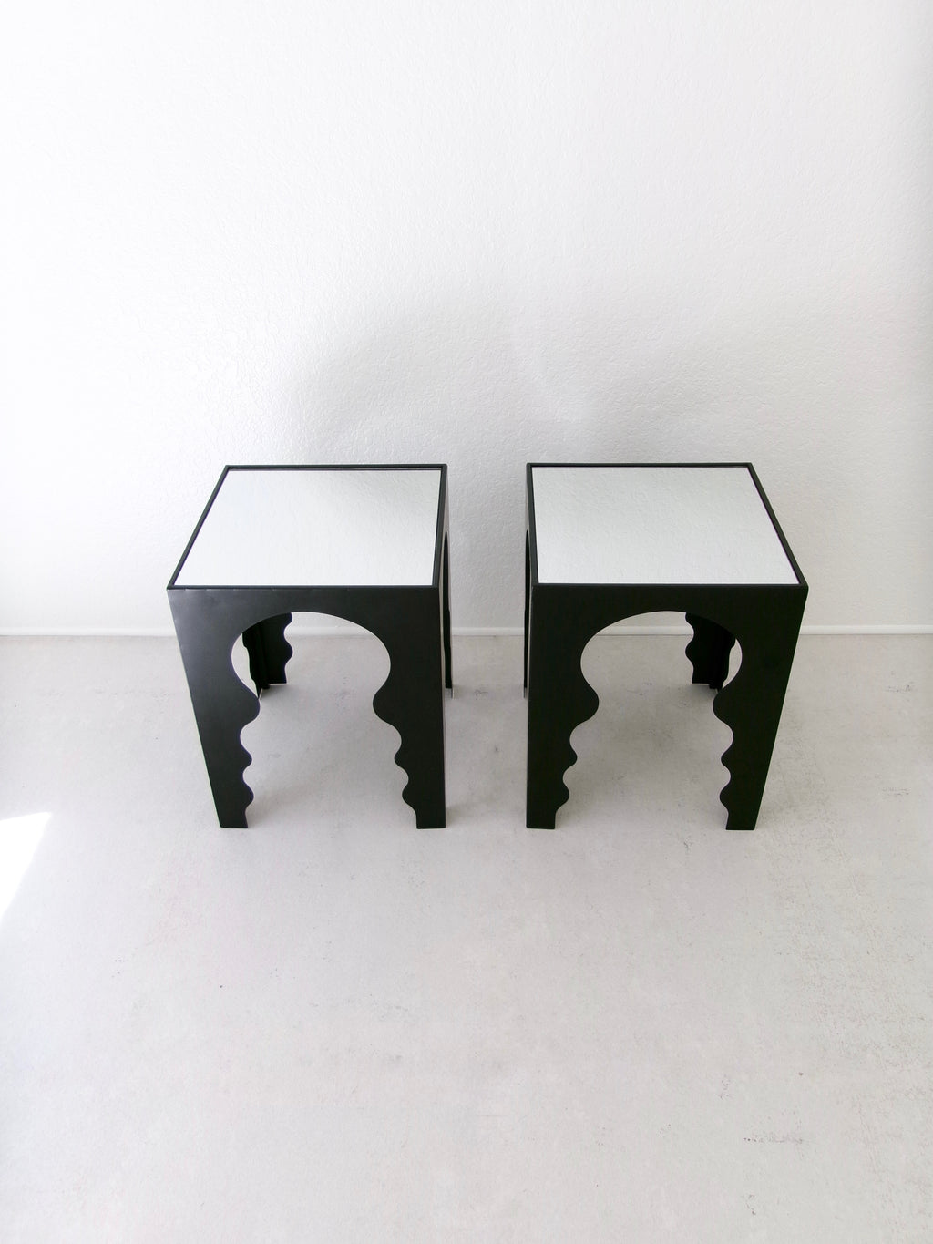 Postmodern Side Tables in Matte Black Finish with Mirrored Top