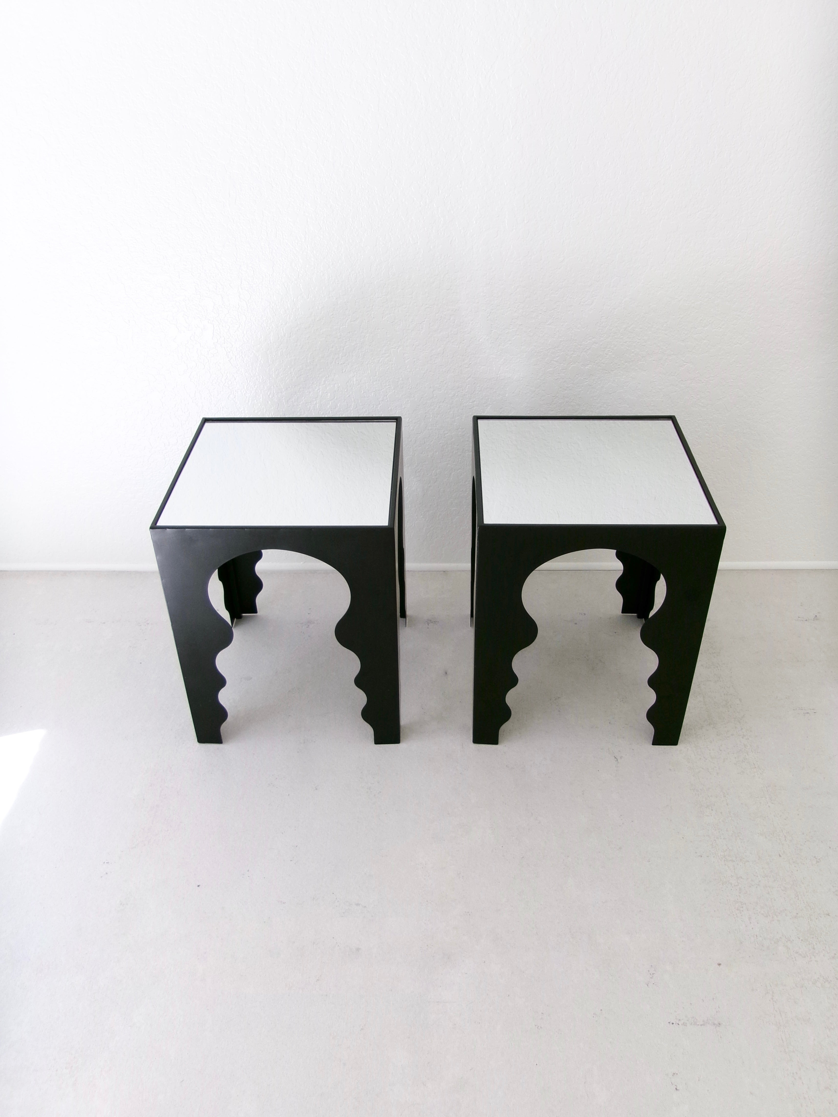Postmodern Side Tables in Matte Black Finish with Mirrored Top