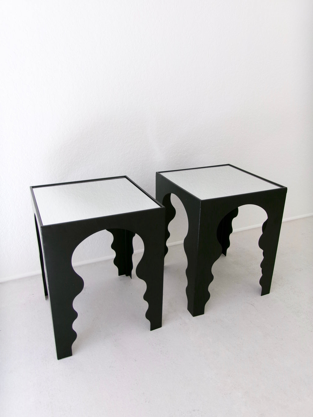 Postmodern Side Tables in Matte Black Finish with Mirrored Top