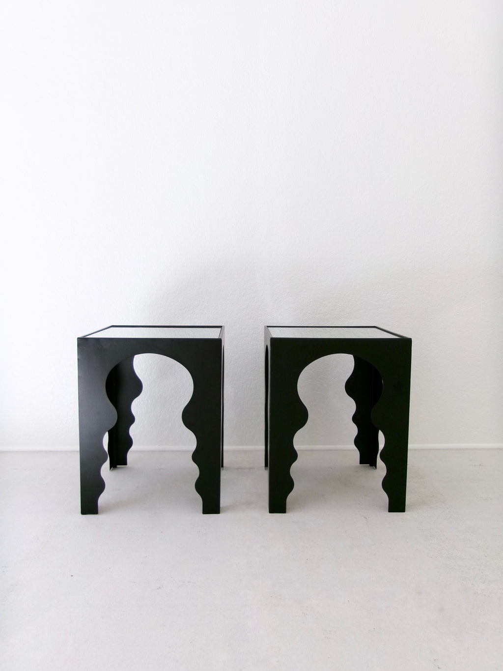 Postmodern Side Tables in Matte Black Finish with Mirrored Top