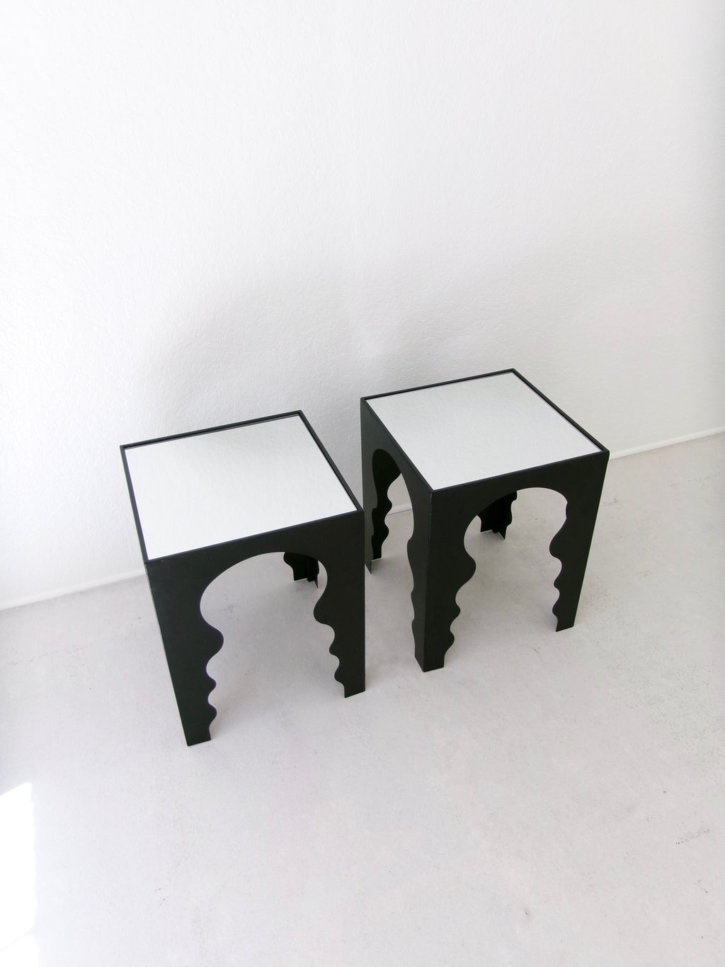 Postmodern Side Tables in Matte Black Finish with Mirrored Top