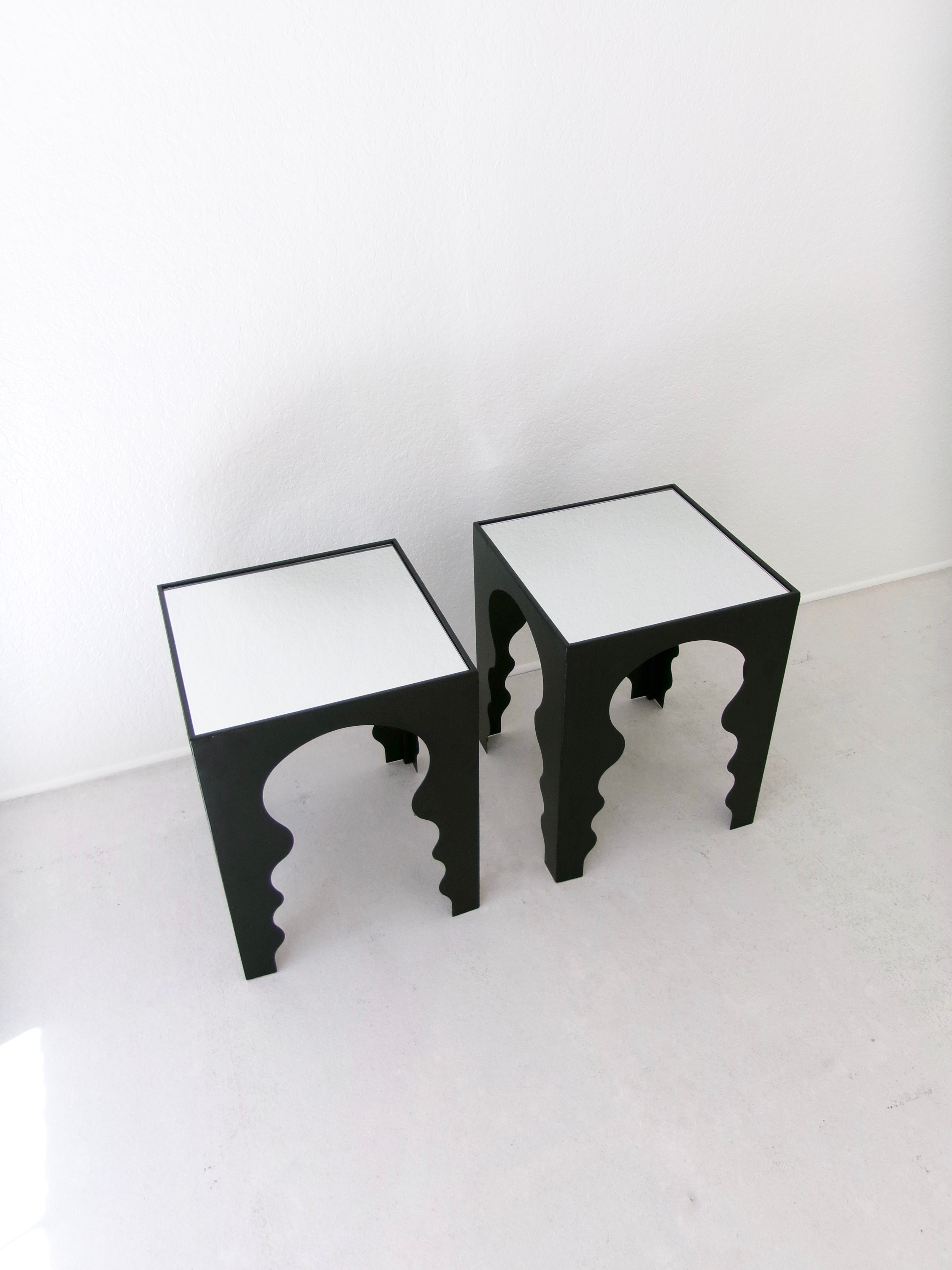 Postmodern Side Tables in Matte Black Finish with Mirrored Top
