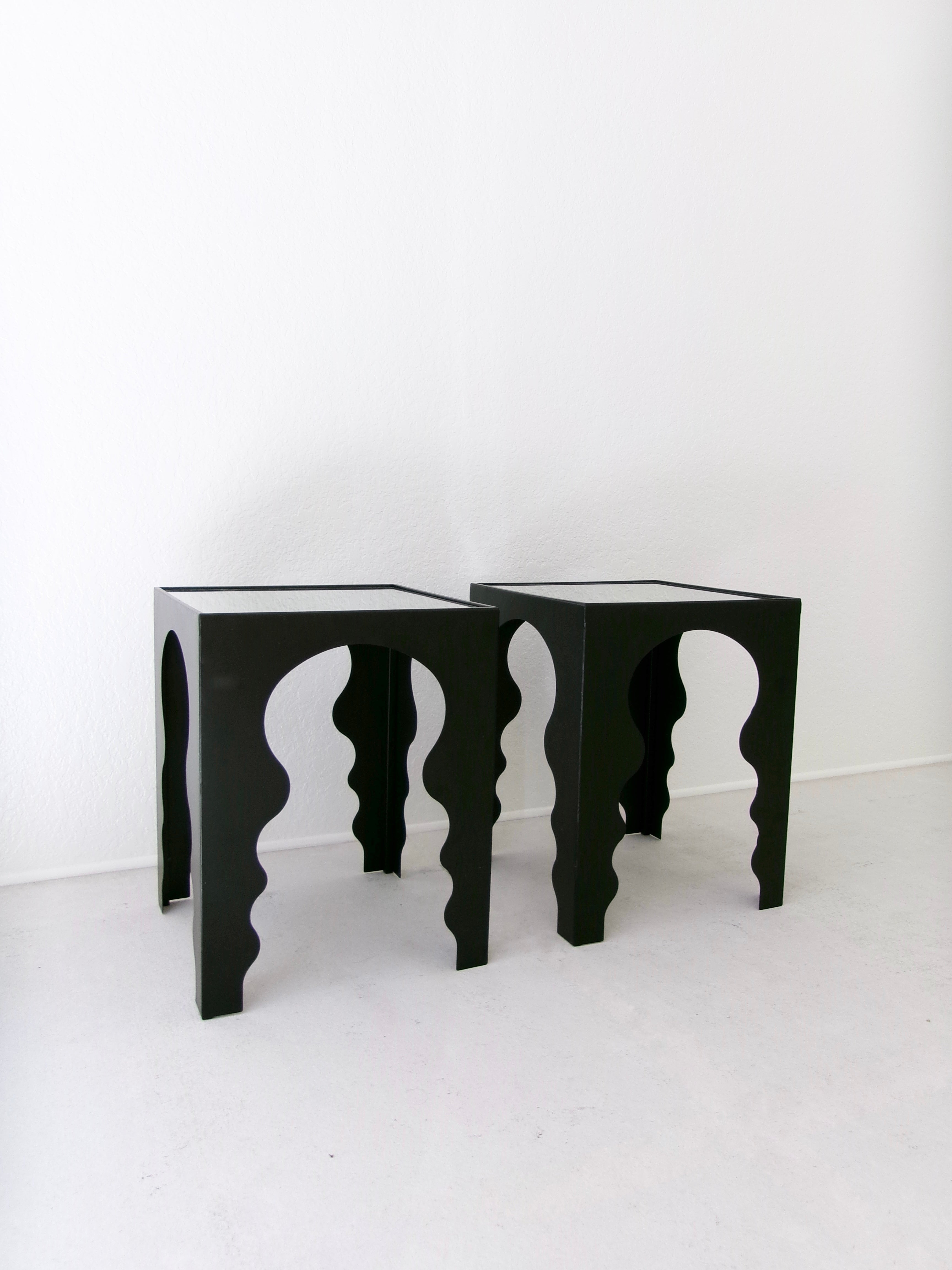 Postmodern Side Tables in Matte Black Finish with Mirrored Top