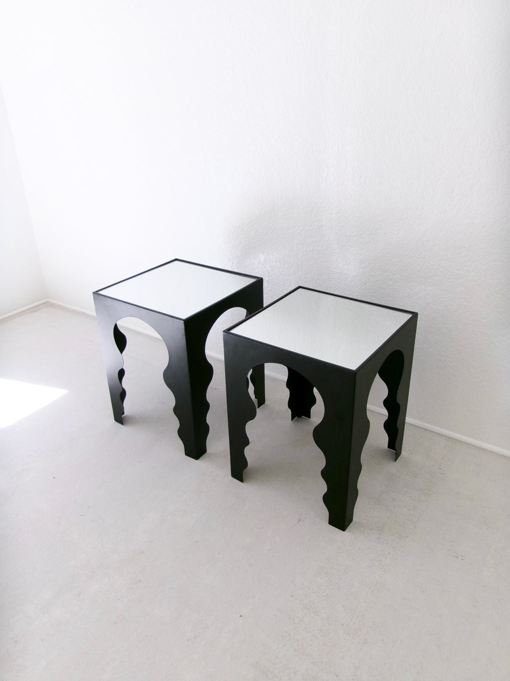 Postmodern Side Tables in Matte Black Finish with Mirrored Top