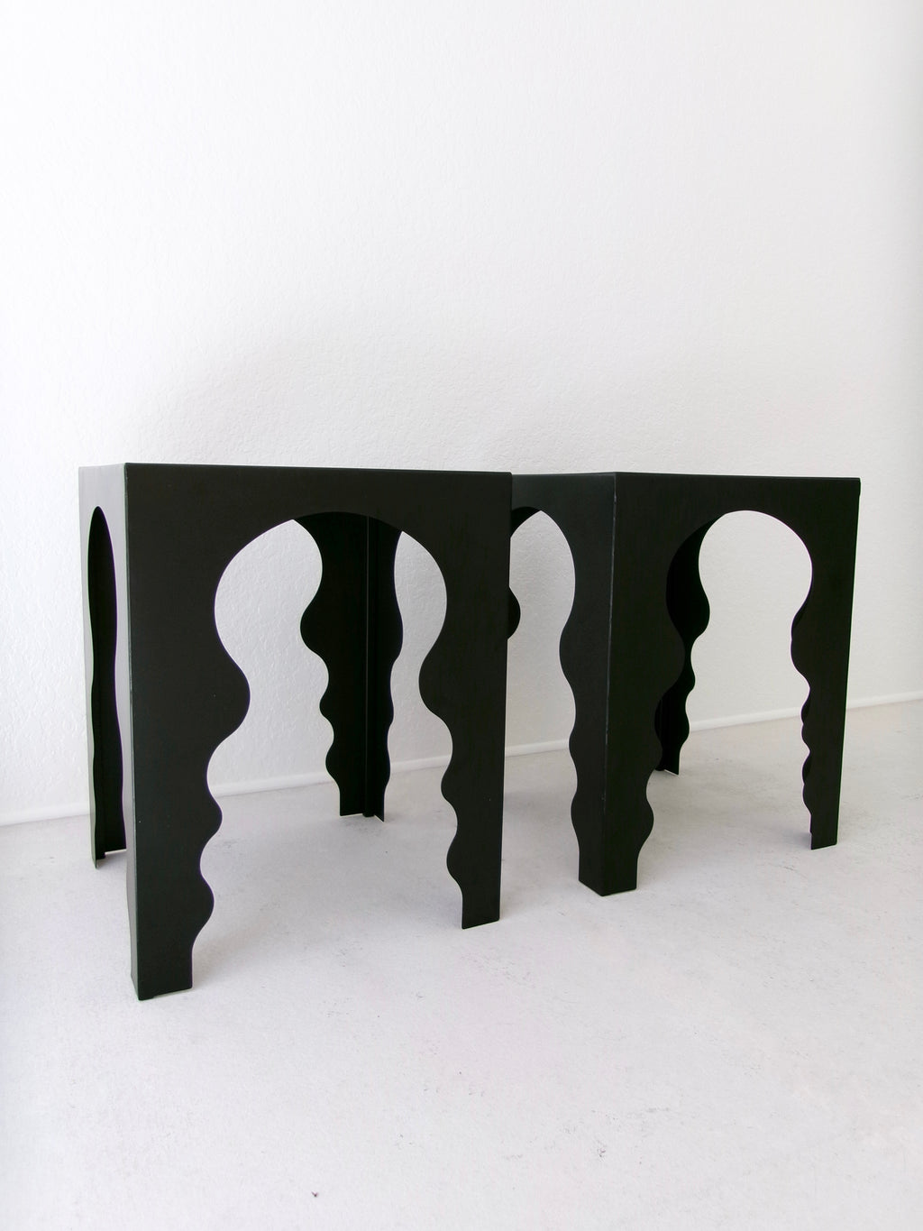 Postmodern Side Tables in Matte Black Finish with Mirrored Top