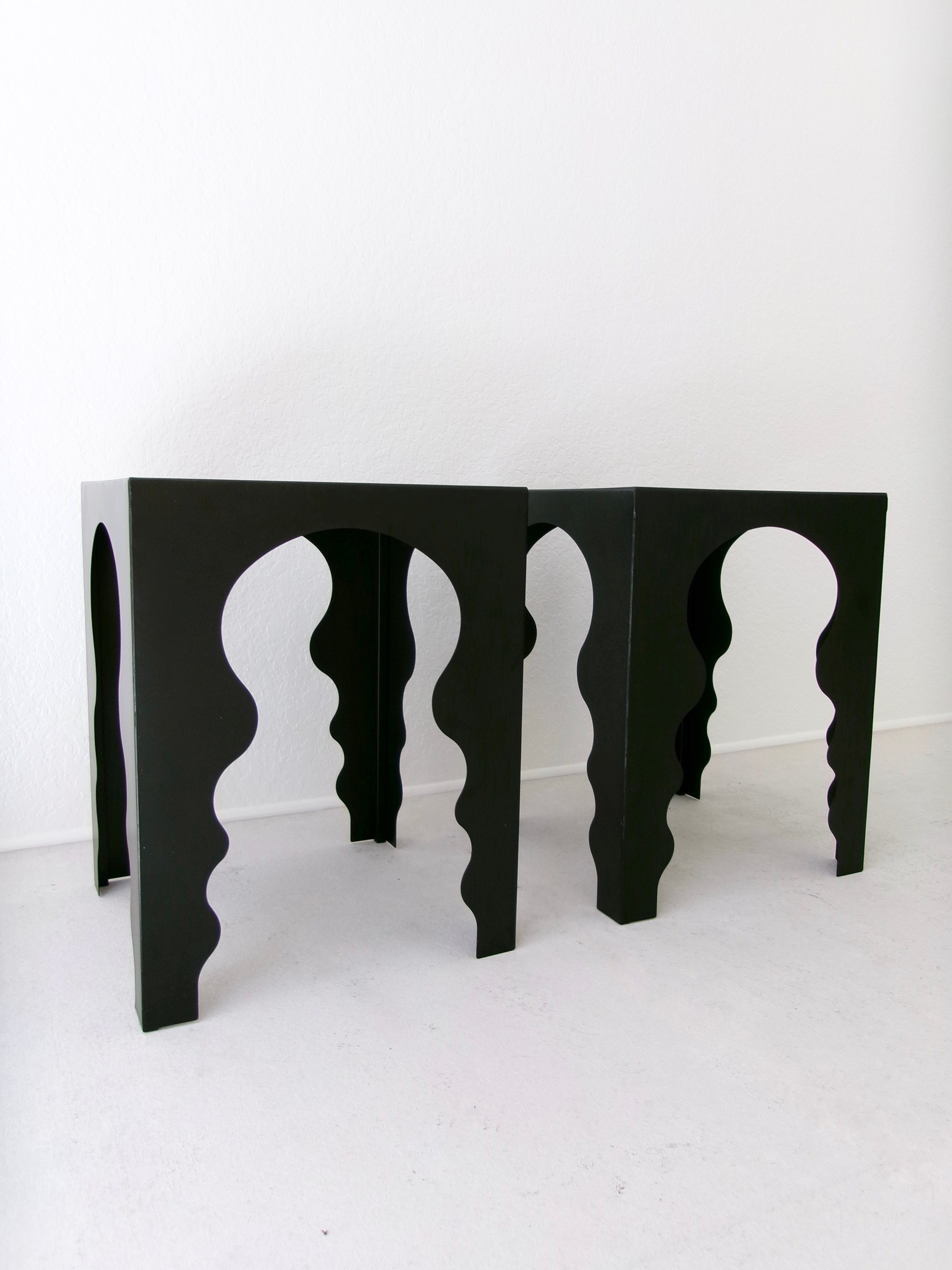 Postmodern Side Tables in Matte Black Finish with Mirrored Top